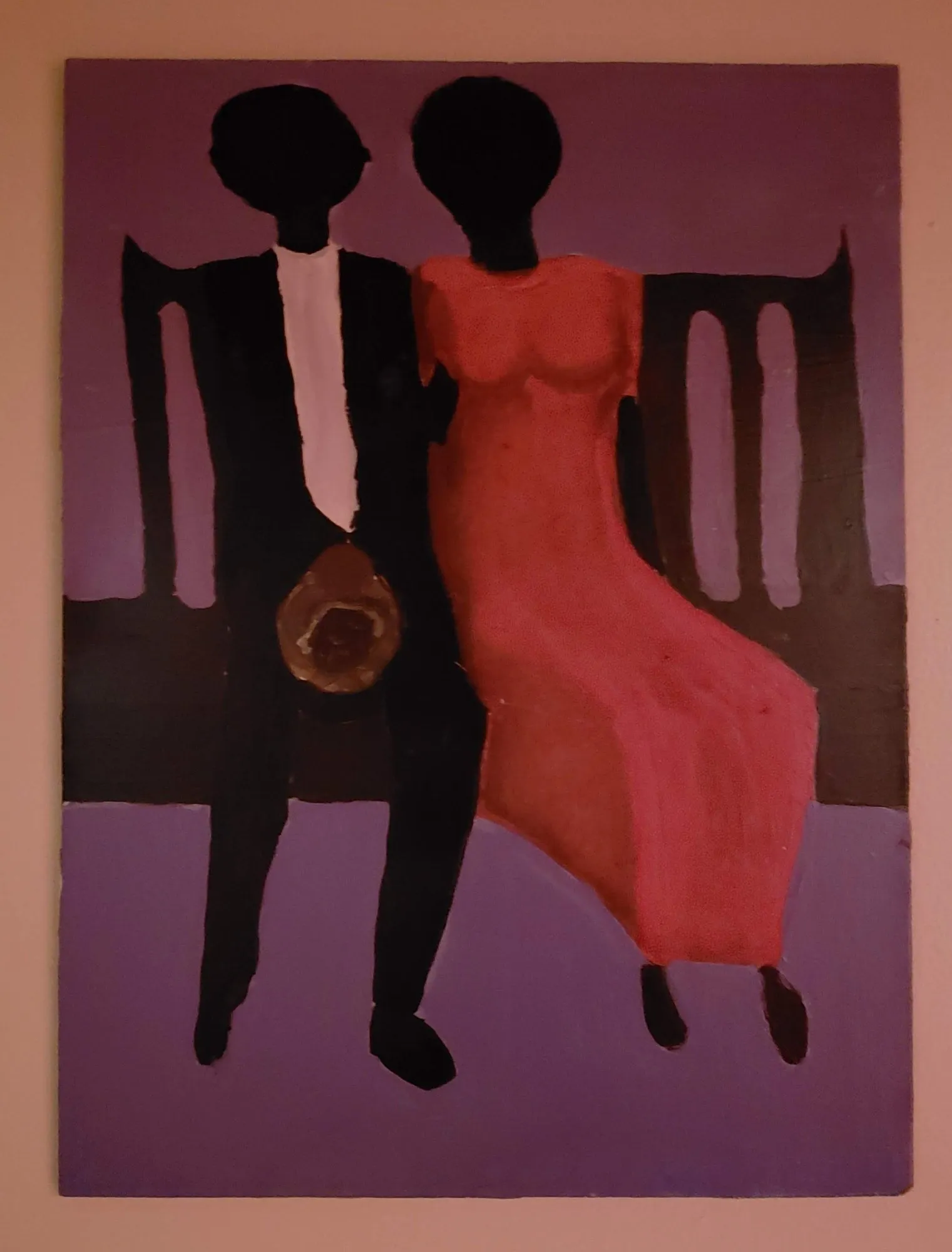 Painting of a couple seated on a bench